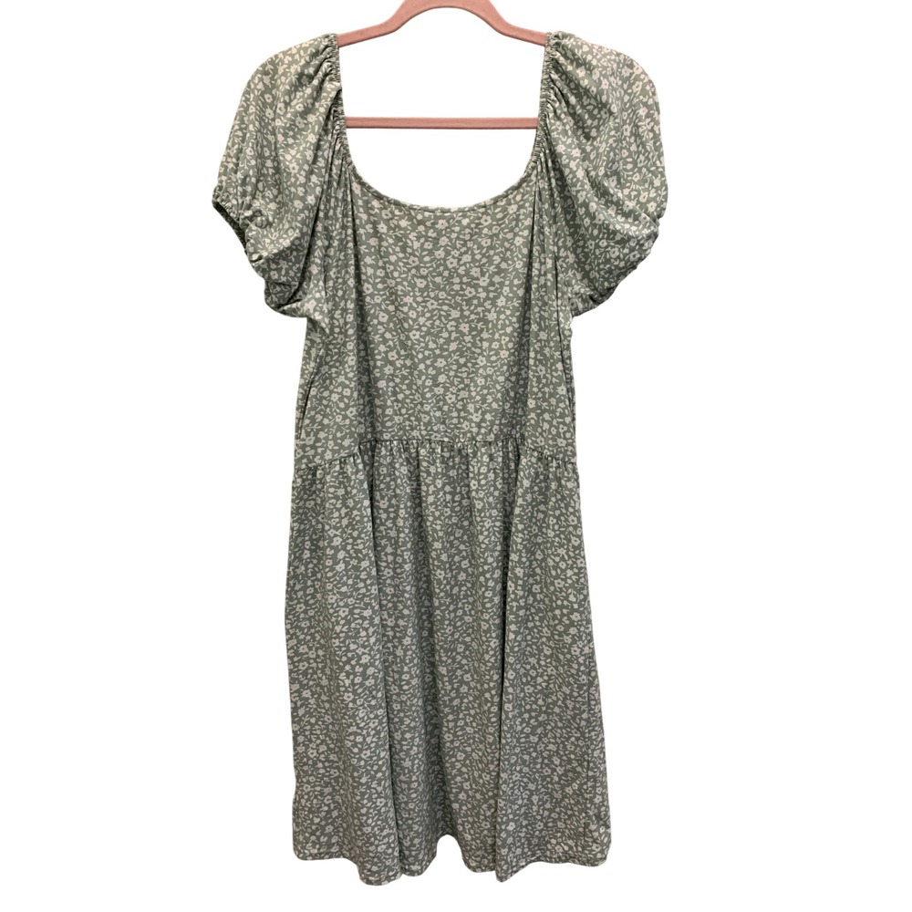 Sage Green Floral Babydoll Dress XXL 19 Puff Sleeve Cottagecore - Picture 2 of 10